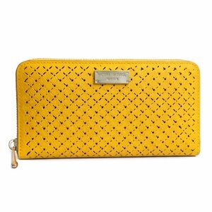 Henri Bendel Yellow Perforated Detail Leather Zip-Around Wallet with Gold Accent